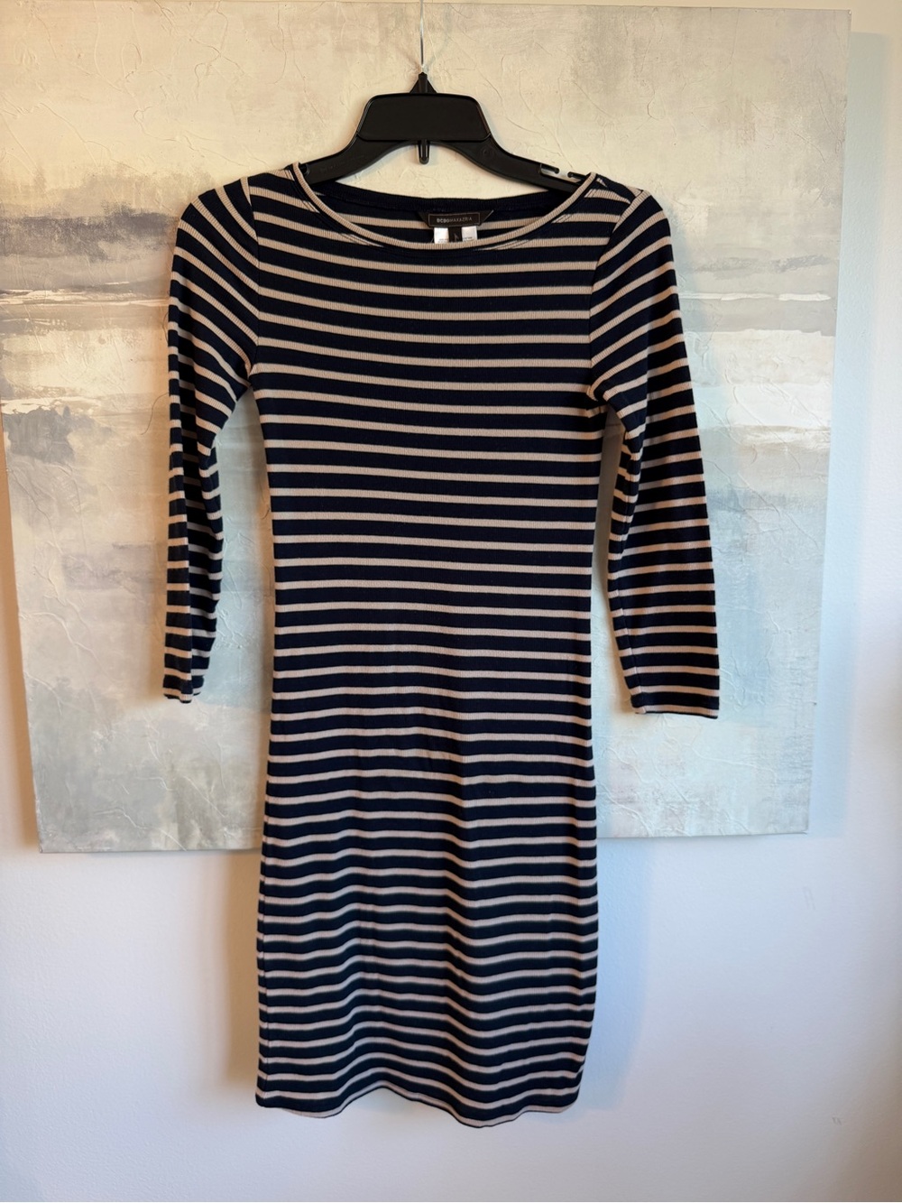 BCBGMAXAZRIA Briza Navy Tan Stripe Knit Midi Dress Boat Neck Stretch S